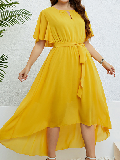 Curvy Dresses- Golden Hour Glow Asymmetrical Midi Dress for Special Occasions- - Pekosa Women Fashion