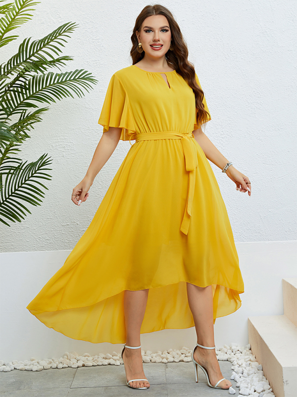 Curvy Dresses- Golden Hour Glow Asymmetrical Midi Dress for Special Occasions- - Pekosa Women Fashion