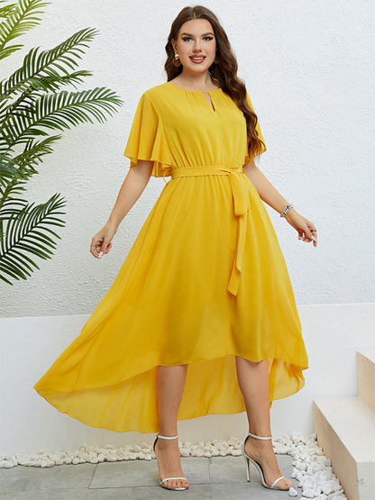 Curvy Dresses- Golden Hour Glow Asymmetrical Midi Dress for Special Occasions- - Pekosa Women Fashion