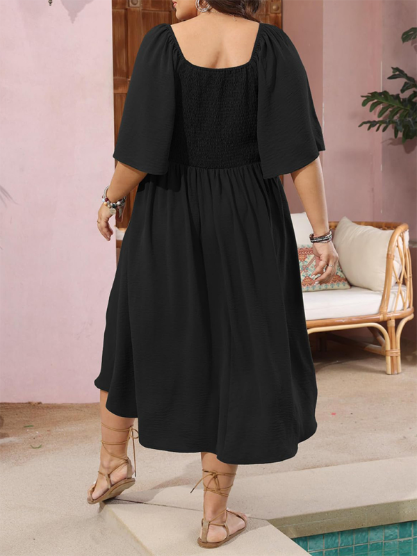 Curvy Dresses- Plus Size A-Line Dress with Button-Up Front and Bow- - Pekosa Women Fashion