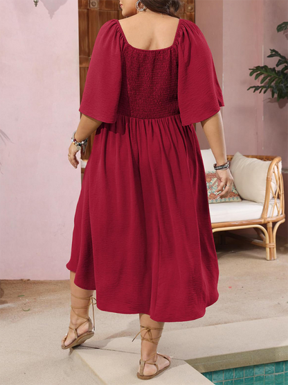 Curvy Dresses- Plus Size A-Line Dress with Button-Up Front and Bow- - Pekosa Women Fashion