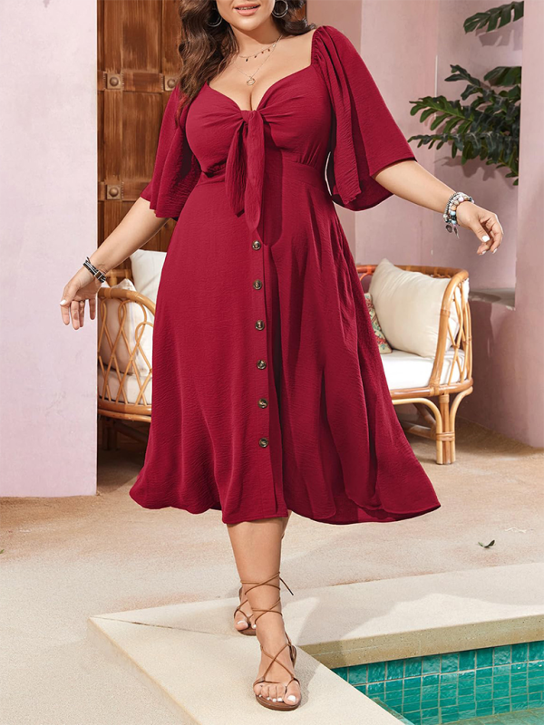 Curvy Dresses- Plus Size A-Line Dress with Button-Up Front and Bow- - Pekosa Women Fashion