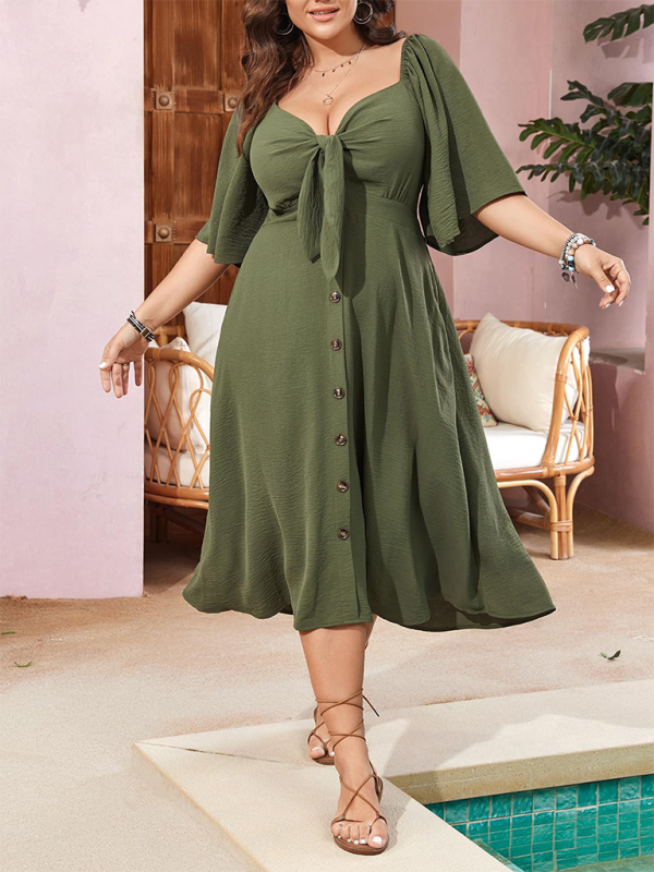 Curvy Dresses- Plus Size A-Line Dress with Button-Up Front and Bow- - Pekosa Women Fashion