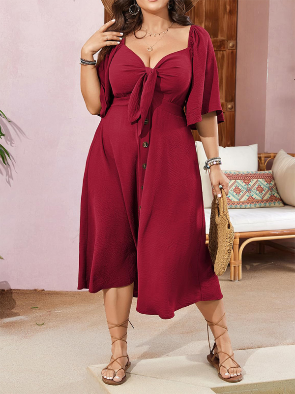 Curvy Dresses- Plus Size A-Line Dress with Button-Up Front and Bow- - Pekosa Women Fashion