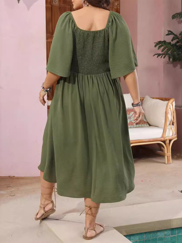 Curvy Dresses- Plus Size A-Line Dress with Button-Up Front and Bow- - Pekosa Women Fashion