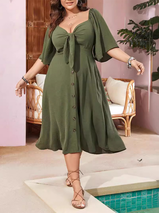 Curvy Dresses- Plus Size A-Line Dress with Button-Up Front and Bow- Green- Pekosa Women Fashion