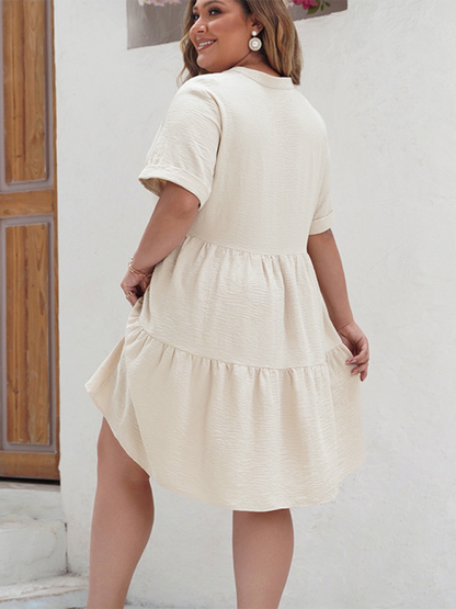 Curvy Dresses- Solid A-Line Tiered Curvy Knee Dress with Short Sleeves- - Pekosa Women Fashion