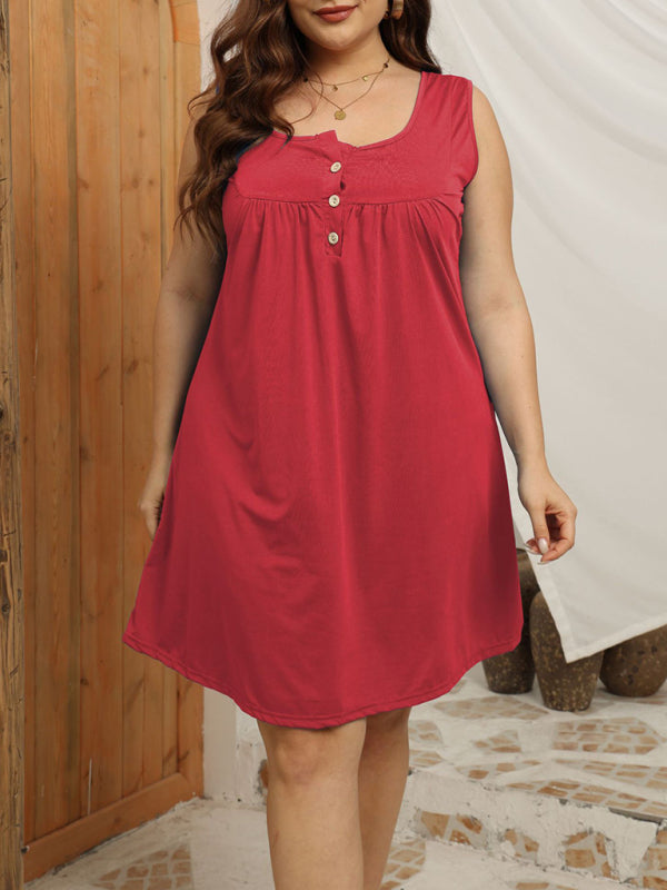 Curvy Dresses- Summer Knee-Length Tank Dress for Curvy Fashionistas- Red- Pekosa Women Fashion