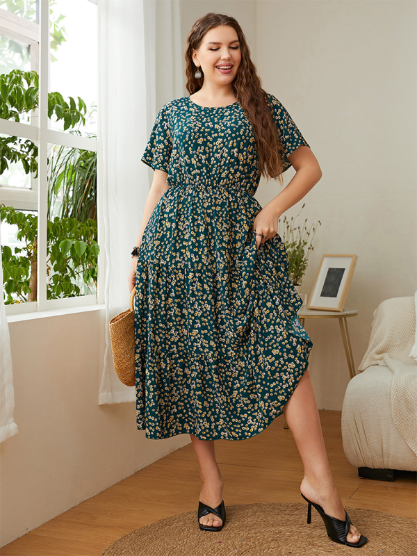 Curvy Dresses- Sunset A-Line Curvy Midi Dress with Gathered Waist- - Pekosa Women Fashion