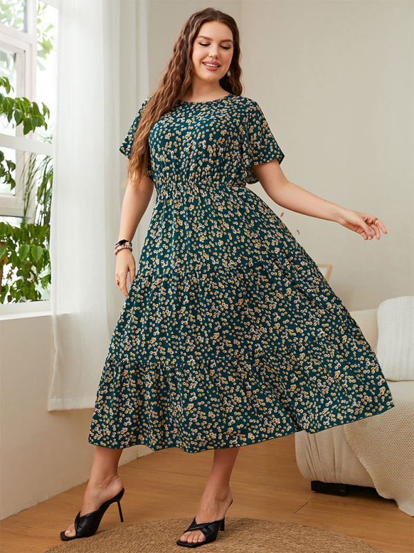 Curvy Dresses- Sunset A-Line Curvy Midi Dress with Gathered Waist- - Pekosa Women Fashion