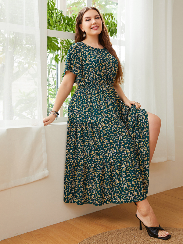 Curvy Dresses- Sunset A-Line Curvy Midi Dress with Gathered Waist- - Pekosa Women Fashion