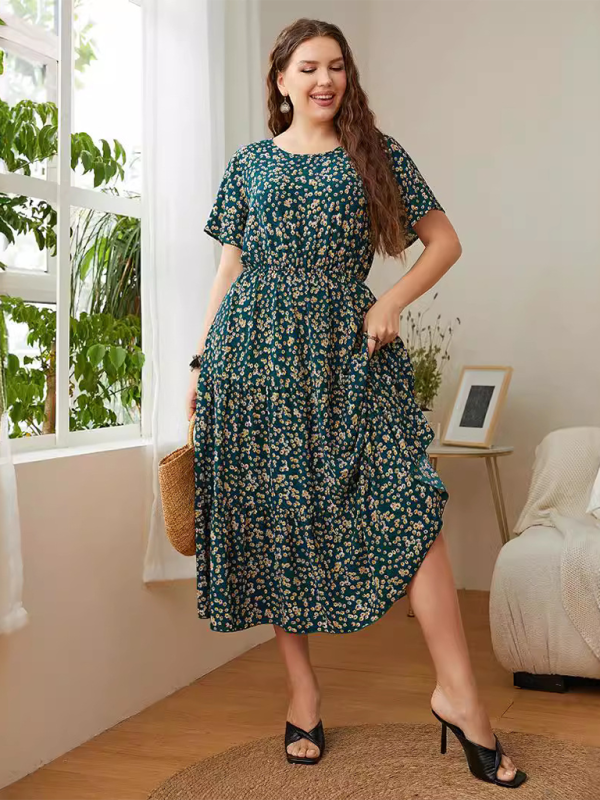 Curvy Dresses- Sunset A-Line Curvy Midi Dress with Gathered Waist- - Pekosa Women Fashion