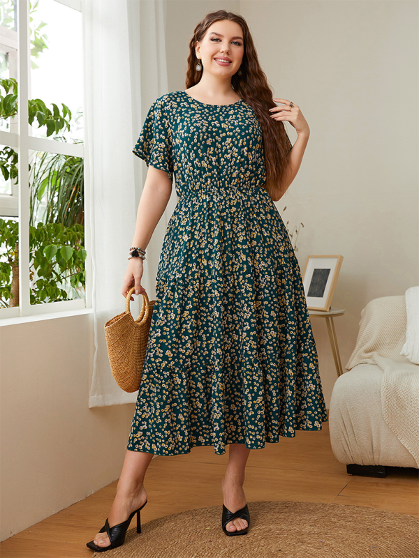 Curvy Dresses- Sunset A-Line Curvy Midi Dress with Gathered Waist- - Pekosa Women Fashion