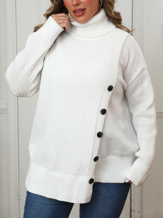 Curvy Sweaters- Women’s Plus Size Buttoned Turtleneck Sweater – Cozy Winter Jumper- White- Pekosa Women Fashion