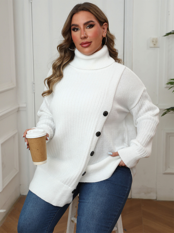 Curvy Sweaters- Women’s Plus Size Buttoned Turtleneck Sweater – Cozy Winter Jumper- - Pekosa Women Fashion