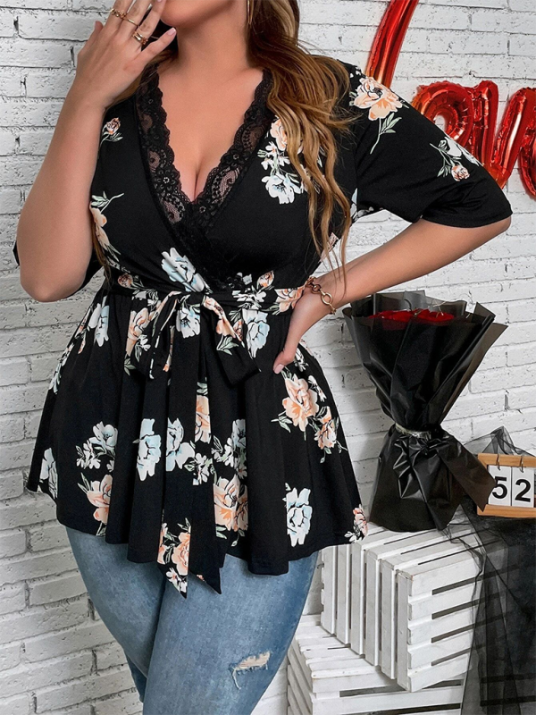 Curvy Tops- Floral Plus Size A-Line Blouse with Cinched Waist- Black- Pekosa Women Fashion