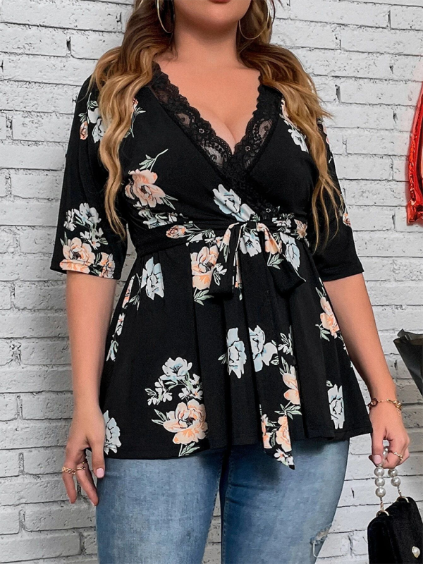 Curvy Tops- Floral Plus Size A-Line Blouse with Cinched Waist- - Pekosa Women Fashion