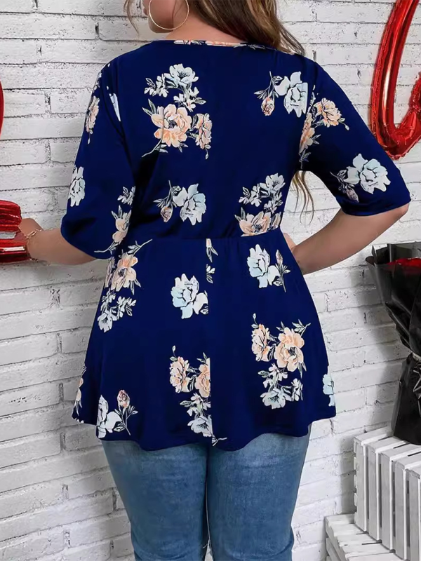 Curvy Tops- Floral Plus Size A-Line Blouse with Cinched Waist- - Pekosa Women Fashion