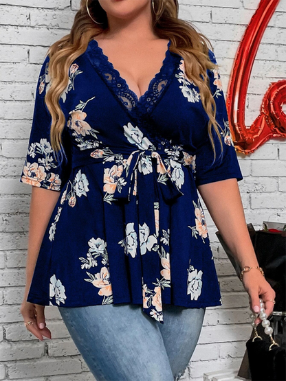 Curvy Tops- Floral Plus Size A-Line Blouse with Cinched Waist- - Pekosa Women Fashion