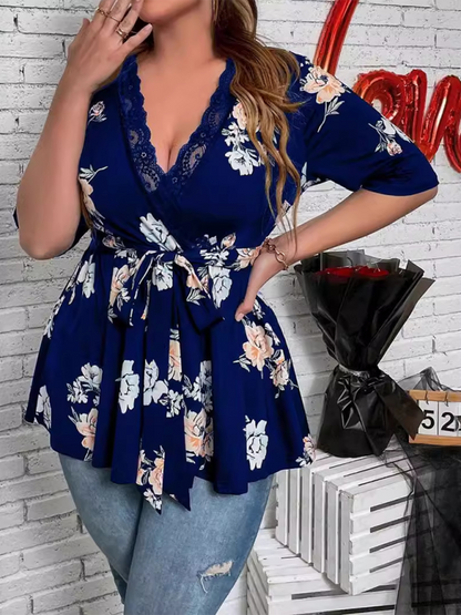 Curvy Tops- Floral Plus Size A-Line Blouse with Cinched Waist- Blue- Pekosa Women Fashion