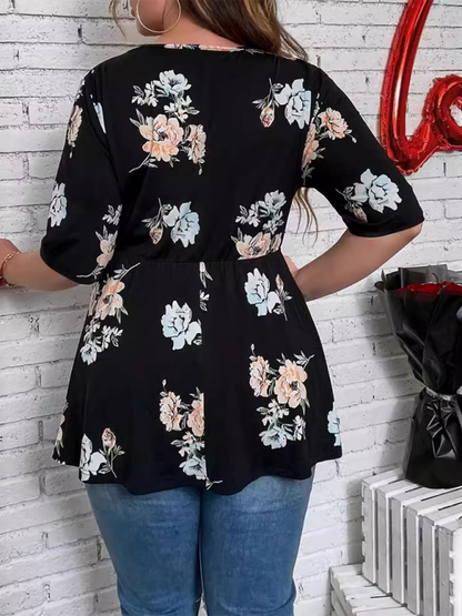 Curvy Tops- Floral Plus Size A-Line Blouse with Cinched Waist- - Pekosa Women Fashion