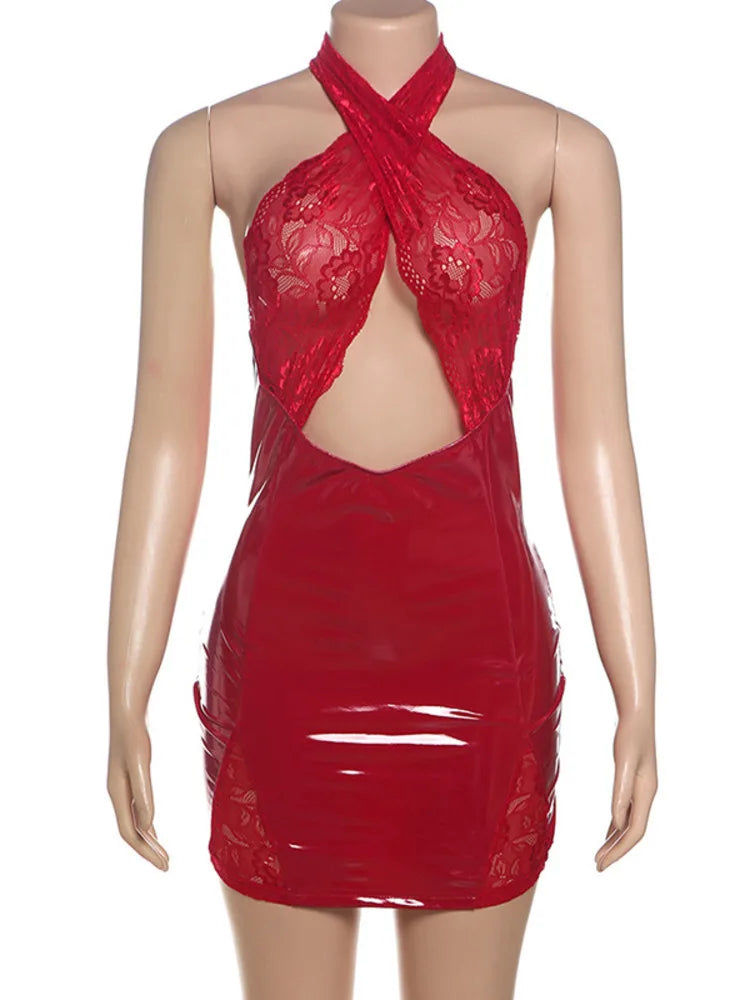 Cutout Dresses - Lace Accent Leather Bodycon Disco Cutout Mini Dress