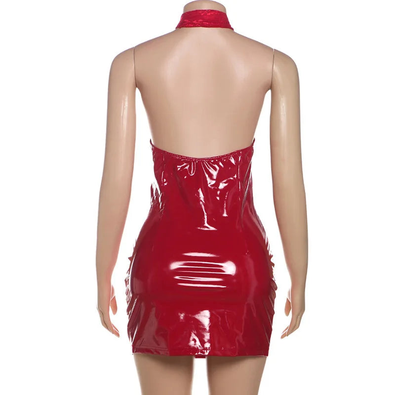 Cutout Dresses - Lace Accent Leather Bodycon Disco Cutout Mini Dress