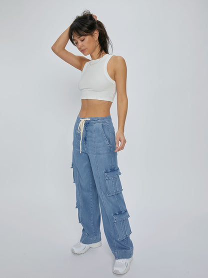 Denim Cargo Pants - Women’s Relaxed Fit Cargo Pants with Adjustable Waist & Pockets