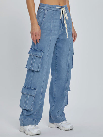 Denim Cargo Pants - Women’s Relaxed Fit Cargo Pants with Adjustable Waist & Pockets