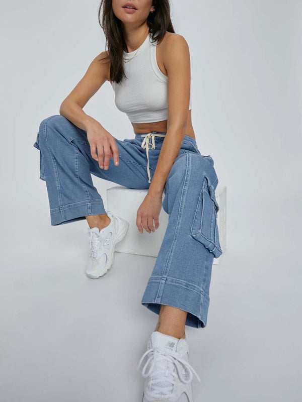 Denim Cargo Pants - Women’s Relaxed Fit Cargo Pants with Adjustable Waist & Pockets