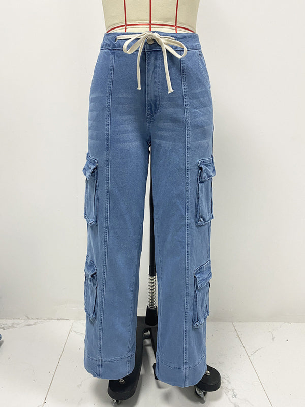 Denim Cargo Pants - Women’s Relaxed Fit Cargo Pants with Adjustable Waist & Pockets