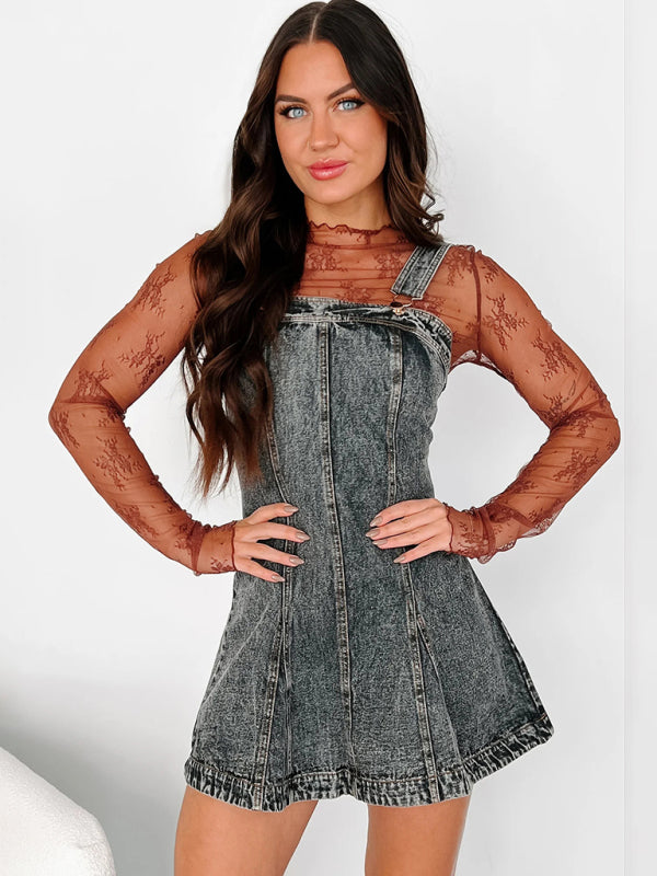 Denim Dresses - Black Denim Pinafore Dress with Adjustable Straps