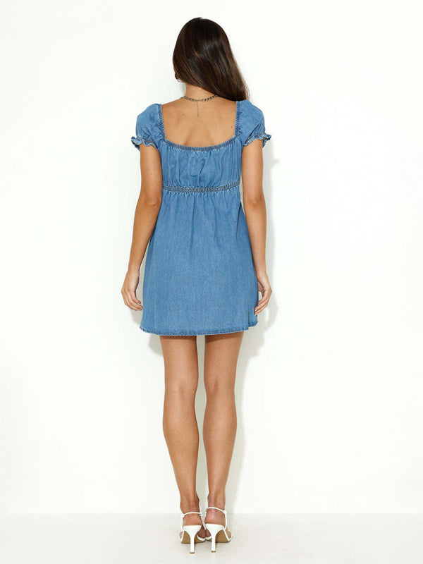 Denim Dresses - Casual Denim A-Line Dress with Tie