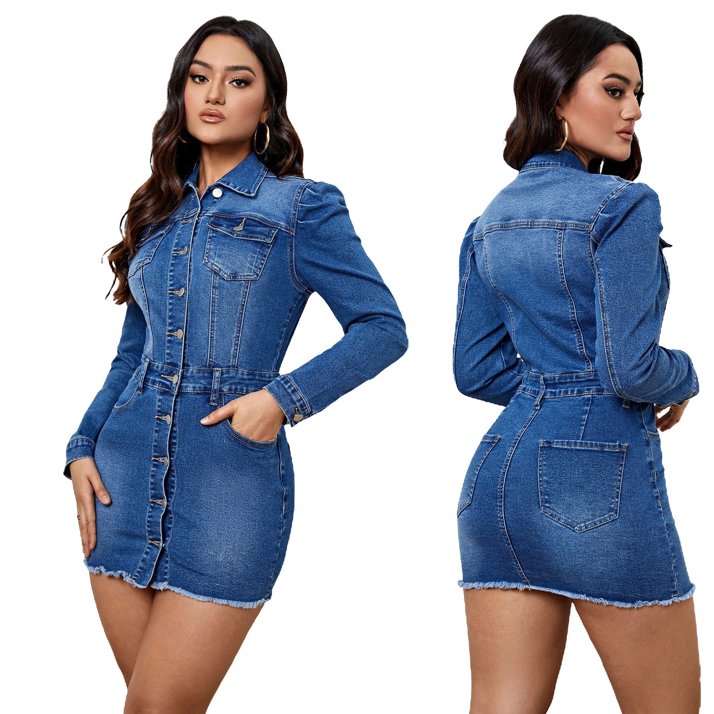 Denim Dresses - Fitted Metal Button Denim Bodycon Mini Dress with Pockets