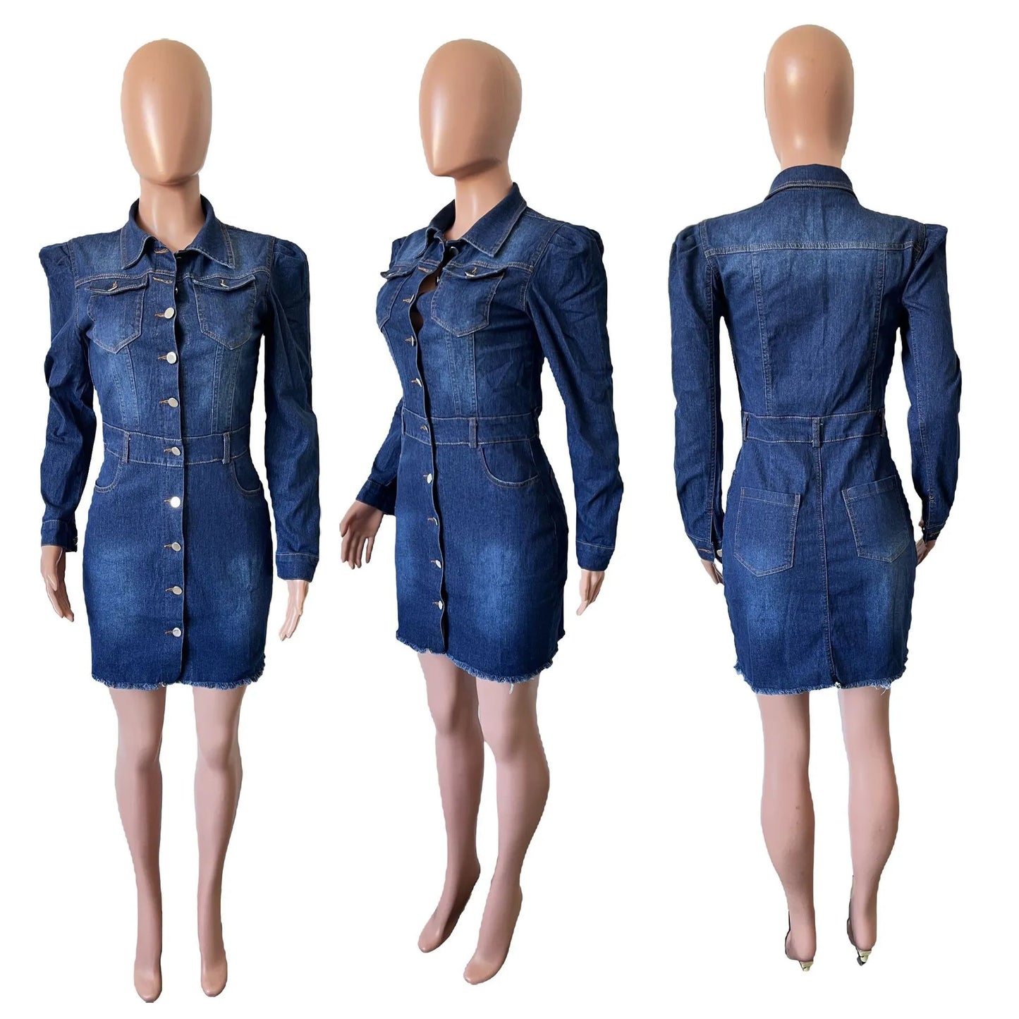 Denim Dresses - Fitted Metal Button Denim Bodycon Mini Dress with Pockets