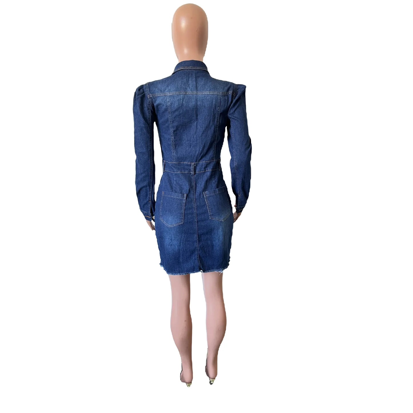 Denim Dresses - Fitted Metal Button Denim Bodycon Mini Dress with Pockets