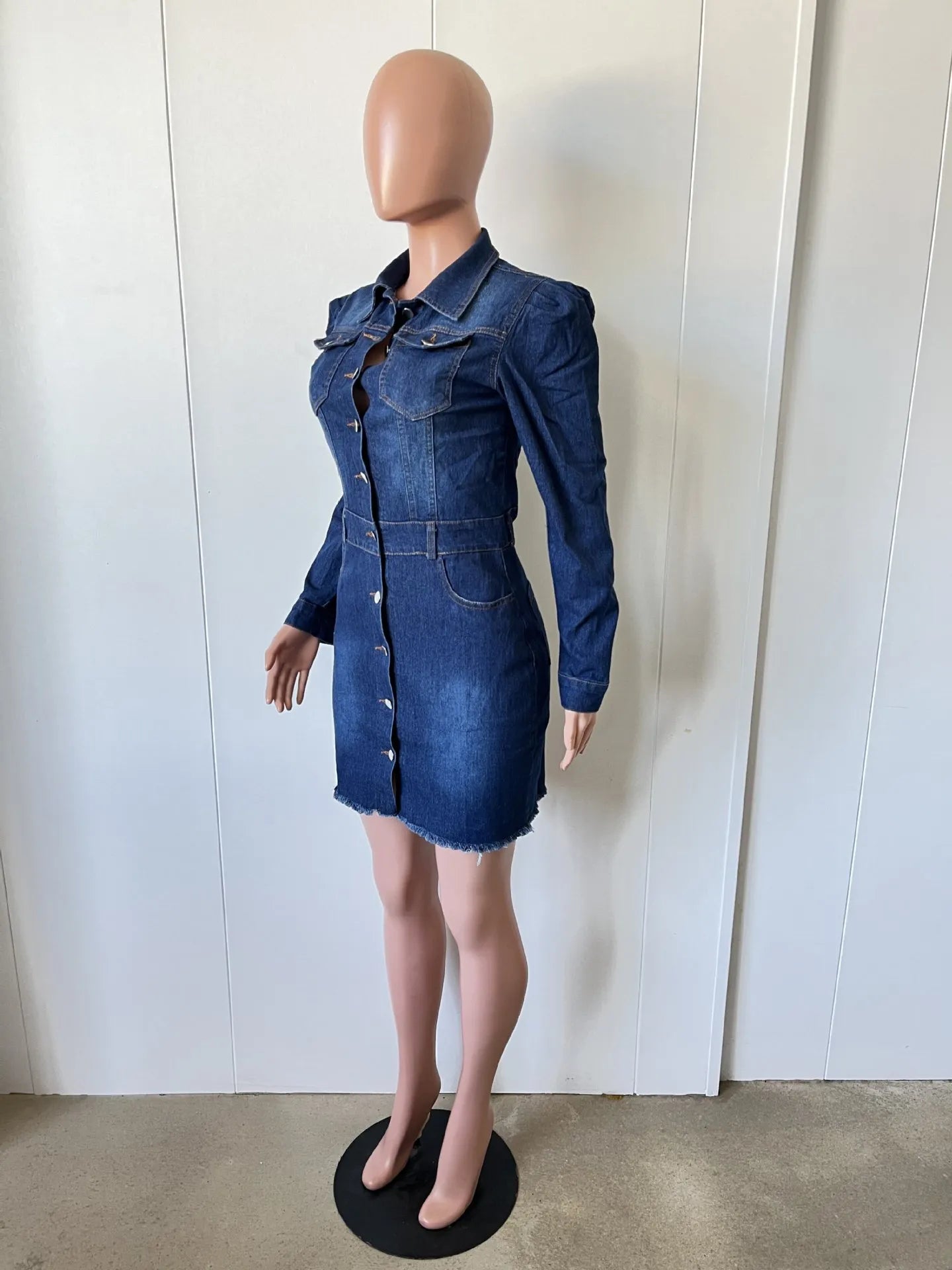 Denim Dresses - Fitted Metal Button Denim Bodycon Mini Dress with Pockets