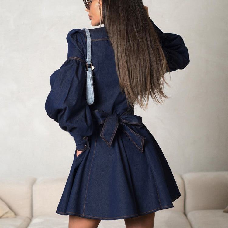 Denim Dresses - Navy Lantern Sleeve Denim Mini Dress – Perfect for Brunch