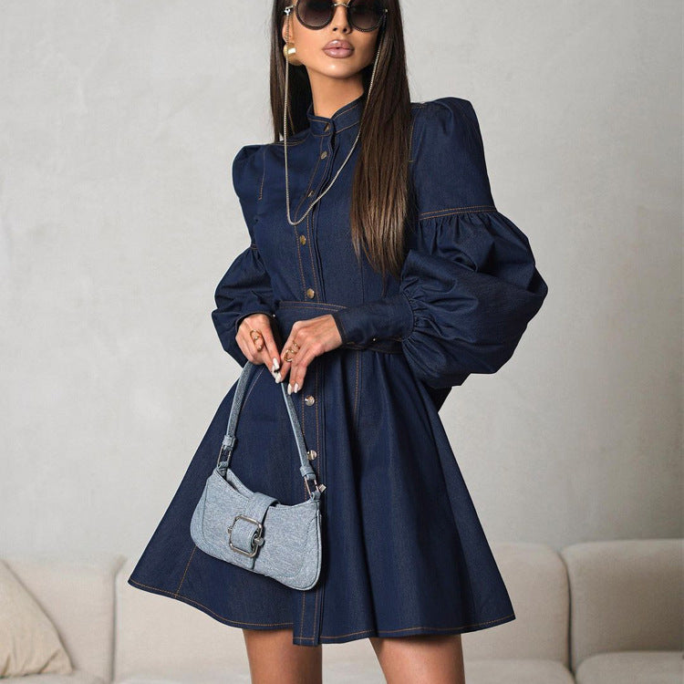 Denim Dresses - Navy Lantern Sleeve Denim Mini Dress – Perfect for Brunch