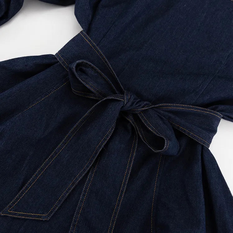 Denim Dresses - Navy Lantern Sleeve Denim Mini Dress – Perfect for Brunch