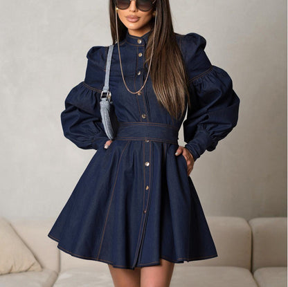 Denim Dresses - Navy Lantern Sleeve Denim Mini Dress – Perfect for Brunch