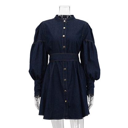 Denim Dresses - Navy Lantern Sleeve Denim Mini Dress – Perfect for Brunch