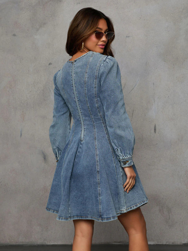 Denim Dresses - Princess Denim Outfit Puff-Sleeved Dress