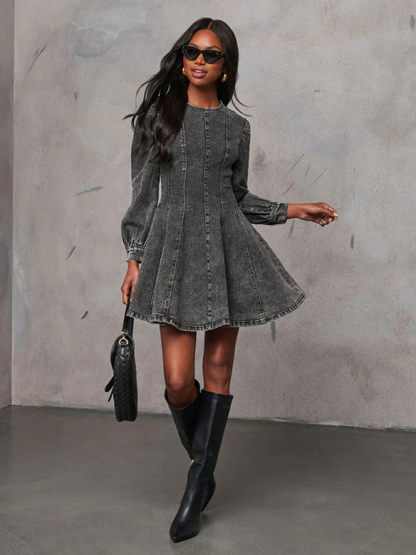 Denim Dresses - Princess Denim Outfit Puff-Sleeved Dress