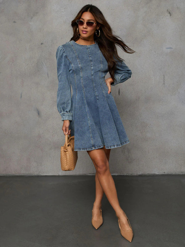 Denim Dresses - Princess Denim Outfit Puff-Sleeved Dress