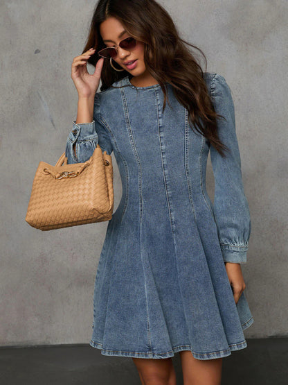 Denim Dresses - Princess Denim Outfit Puff-Sleeved Dress