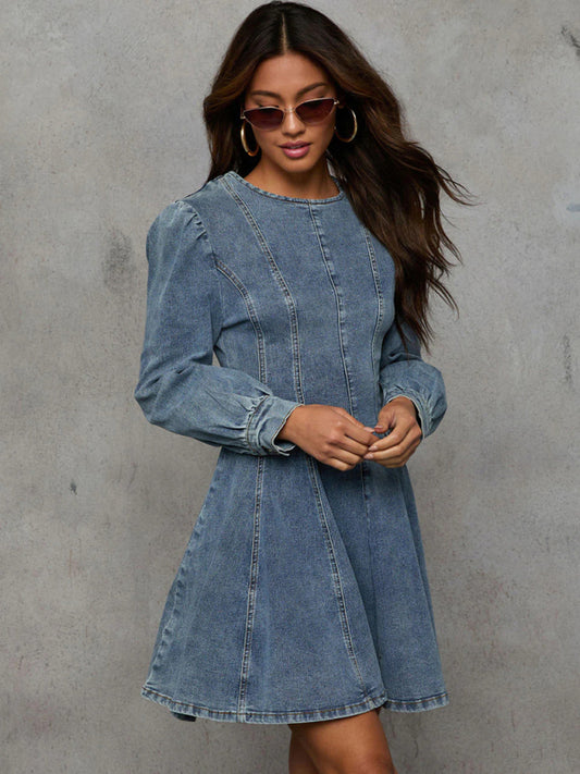 Denim Dresses - Princess Denim Outfit Puff-Sleeved Dress