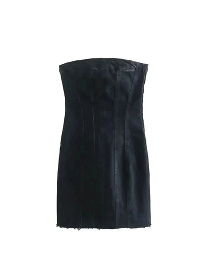 Denim Dresses- Summer Frayed Hem Denim Strapless Mini Dress- Black- Pekosa Women Fashion