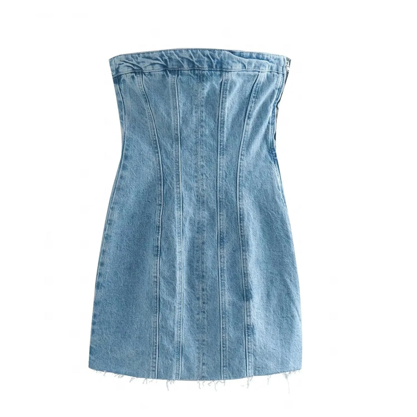 Denim Dresses- Summer Frayed Hem Denim Strapless Mini Dress- - Pekosa Women Fashion