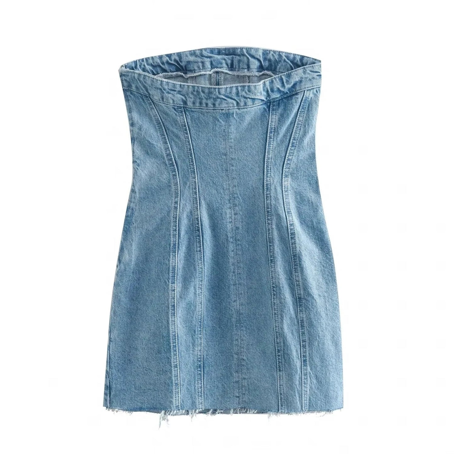 Denim Dresses- Summer Frayed Hem Denim Strapless Mini Dress- - Pekosa Women Fashion